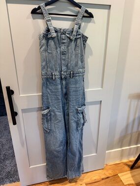 Zara Light Blue Denim Cargo Jumpsuit